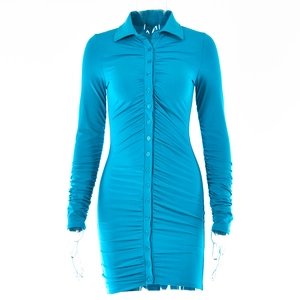 Detail view of a blue long-sleeved dress with polo collar, buttons, and pleated texture