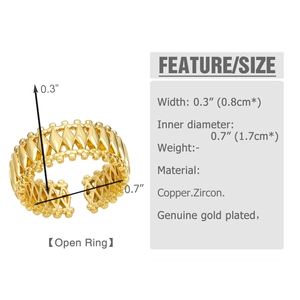 Technical view showing the 0.3 inch width and 0.7 inch diameter of the gold zircon open ring