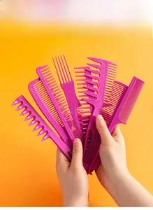 Detail of 7-piece purple hair comb set including wide-tooth and styling combs