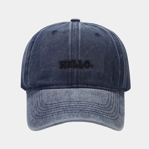 Vintage washed navy blue baseball cap featuring HELLO 3D embroidery for men and women