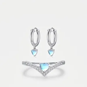925 Sterling Silver Heart Moonstone V-Shaped Ring And Hoop Earrings Elegant Minimalist Zircon Jewelry For Women