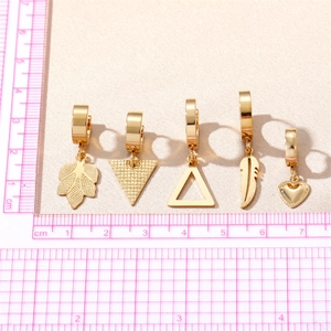 Set of 5 golden stainless steel hoop earrings with heart, leaf, and feather charms
