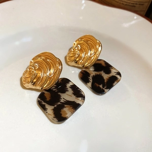 Detail shot of vintage square acrylic leopard earrings with gold textured metal