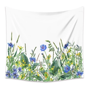 Detail of bohemian floral tapestry with blue and yellow wildflowers on white polyester fabric