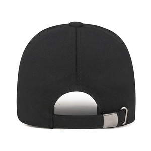 Rear view of a black baseball cap with adjustable metal buckle and premium fabric texture