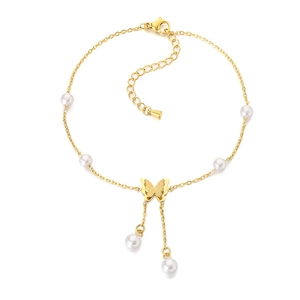 18k gold butterfly anklet with matte pendant and elegant pearls on white background