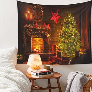 Detailed Christmas tree tapestry showing a cozy fireplace and festive holiday scene decor