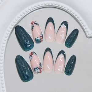 3D Christmas green cedar press on nails with snowflake and sweater texture details