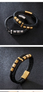Close-up of double-layer woven leather bracelets with metallic beads and magnetic clasps
