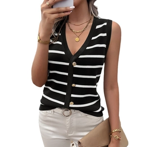 Gilet in maglia senza maniche da donna con scollo a V a righe bianche e nere e bottoni dorati
