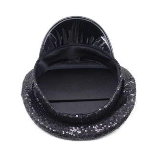 Detail view showing black sequins and interior fabric lining of the stage performance hat