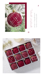 Detail of burgundy velvet Christmas balls with silver glitter stars in a 12-piece set box