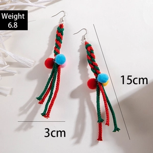 Colorful hand-woven Christmas earrings with soft pom-poms and beads, 15cm length