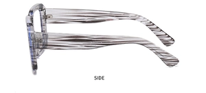 Side view of square sunglasses frame with transparent grey wave pattern temples
