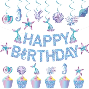 Mermaid Birthday Party Decoration Banner Hanging Swirls Cake Toppers Cupcake Wrappers Glasses Backdrop Paper Undersea Ocean Theme Kids