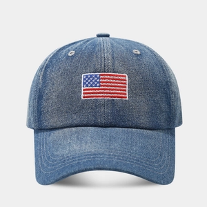 Vintage navy blue washed denim baseball cap with American flag embroidery patch