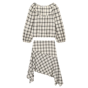 Top A Maniche Lunghe Elasticizzato A Quadri Da Donna E Gonna Con Orlo A Volant Asimmetrico Seersucker Poliestere Casual
