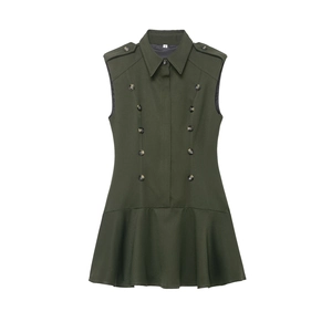 Robe courte sans manches vert foncé style militaire avec épaulettes et double boutonnage