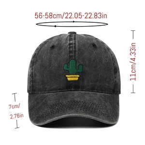 Vintage washed cotton baseball cap with cute cactus embroidery and adjustable fit details