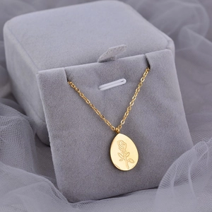 Vintage gold oval rose pendant necklace in tarnish-free stainless steel with jewelry box