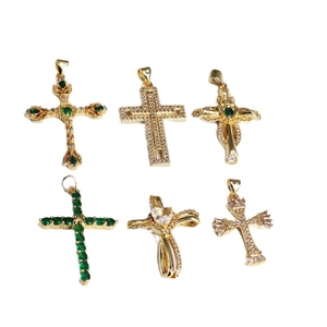 Set of six 18K gold cross pendants featuring opal, emerald, and white zircon stones