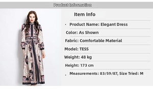 Detail view of vintage baroque pattern dress with size chart and model measurements