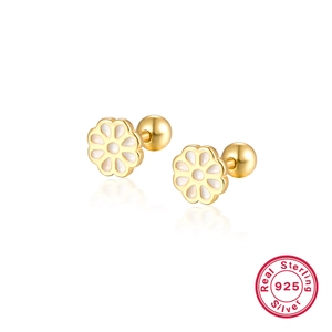 Elegant 925 sterling silver daisy flower stud earrings with white enamel and gold finish