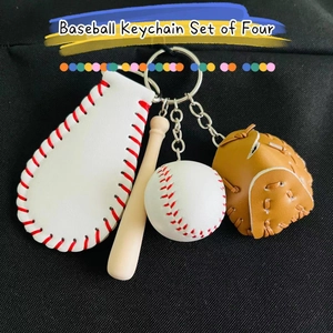 Detail view of four-piece baseball keychain set with mini bat, glove, and ball charms