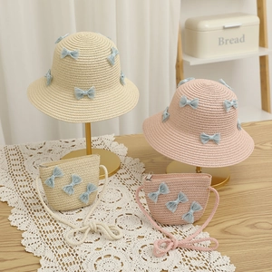 Children's straw sun hat and handbag set with sweet blue mesh bows in beige and pink