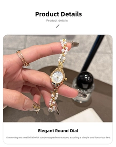 Detail of 17mm gold watch with sunray dial and pearl-style beaded strap on wrist