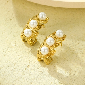 C-Shape Stud Earrings With Three Artificial Pearls 18K Gold Plated Stainless Steel Irregular Organic Texture French Retro For Women