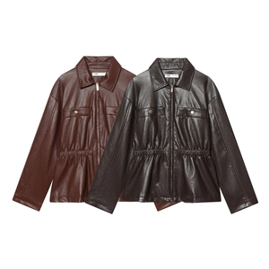Damen Kunstleder Jacke Geraffte Elastische Taille Reißverschluss Revers Langarm Kurz Mode Schlanke Biker Mantel