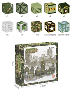 Detailed breakdown of 132pcs military magnetic building block set with box dimensions