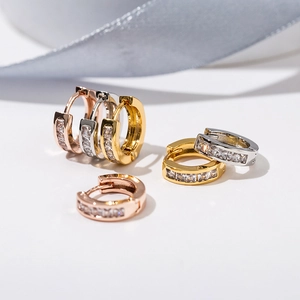 Square zircon hoop earrings in gold, silver, and rose gold with decorative ribbons
