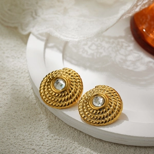 Vintage 18K gold plated twisted round stud earrings with center crystal stone