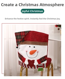 Detail of Christmas snowman chair cover with red hat and plaid scarf for festive decor