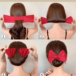 Red bow hair bun maker tutorial showing four steps to create a perfect hairstyle