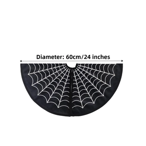 Detail view of 24 inch Halloween tree skirt with white spider web pattern on black fabric