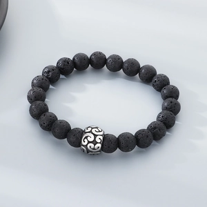 Natural Black Lava Stone Beaded Bracelet With Retro Silver Color Alloy Metal Charm For Men And Women Trendy Simple Jewelry