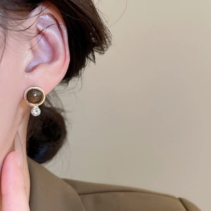 Detailed close-up of retro tiger eye stone earrings in a golden setting worn by a model