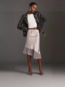 Women Satin Midi Skirt Lace Patchwork High Waist Asymmetric Hem Irregular Trim Polka Dot Solid Chic Bottoms