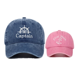 Navy Captain and pink First Mate embroidered baseball cap set for parents and kids