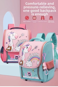 Detail of waterproof kids backpack showing unicorn print and safety reflective strips