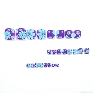 24pcs dark purple and blue flower pattern short square press-on toenails for women