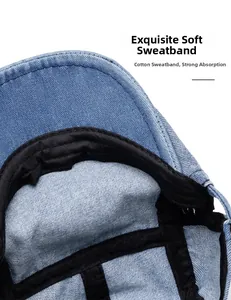 Detail of soft cotton sweatband inside light blue denim ivy cap for moisture absorption