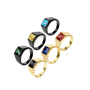 Men's titanium steel rings with assorted square gemstones in gold and black finishes