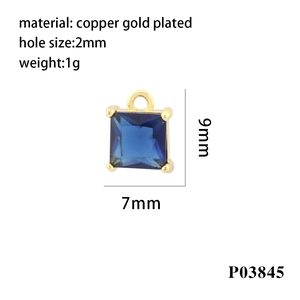 Macro shot of 18K gold plated square blue zircon pendant showing dimensions and specs