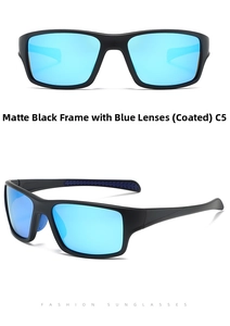 Detail view of matte black sport sunglasses with blue coated lenses and C5 model mark