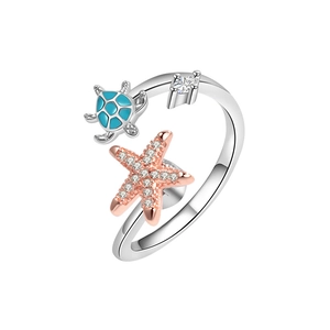 Adjustable turtle and starfish open ring with blue enamel and crystal accents