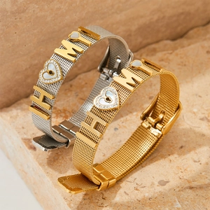 Bracciale stile cinturino a maglia oro e argento con lucchetto a cuore e ciondoli lettere HMY